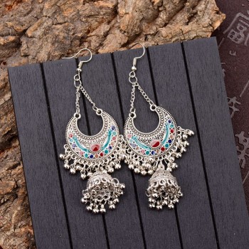 TopHanqi Gypsy Jewelry Indian Jhumka Long Small Bell Fringed Tassel Earrings Antique Ethnic Silver Alloy Drop Earrings For Women