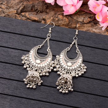 TopHanqi Gypsy Jewelry Indian Jhumka Long Small Bell Fringed Tassel Earrings Antique Ethnic Silver Alloy Drop Earrings For Women
