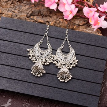 TopHanqi Gypsy Jewelry Indian Jhumka Long Small Bell Fringed Tassel Earrings Antique Ethnic Silver Alloy Drop Earrings For Women