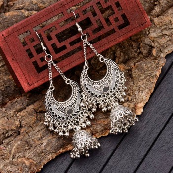 TopHanqi Gypsy Jewelry Indian Jhumka Long Small Bell Fringed Tassel Earrings Antique Ethnic Silver Alloy Drop Earrings For Women