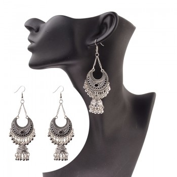 TopHanqi Gypsy Jewelry Indian Jhumka Long Small Bell Fringed Tassel Earrings Antique Ethnic Silver Alloy Drop Earrings For Women