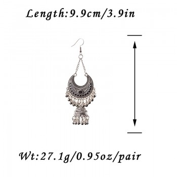 TopHanqi Gypsy Jewelry Indian Jhumka Long Small Bell Fringed Tassel Earrings Antique Ethnic Silver Alloy Drop Earrings For Women