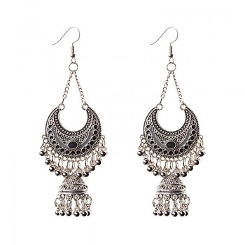 TopHanqi Gypsy Jewelry Indian Jhumka Long Small Bell Fringed Tassel Earrings Antique Ethnic Silver Alloy Drop Earrings For Women