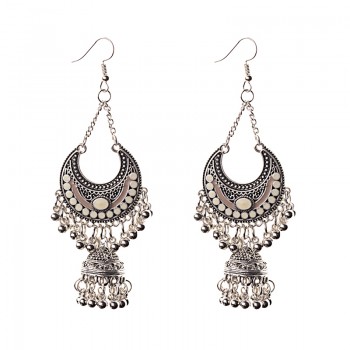 TopHanqi Gypsy Jewelry Indian Jhumka Long Small Bell Fringed Tassel Earrings Antique Ethnic Silver Alloy Drop Earrings For Women