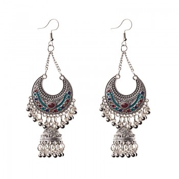 TopHanqi Gypsy Jewelry Indian Jhumka Long Small Bell Fringed Tassel Earrings Antique Ethnic Silver Alloy Drop Earrings For Women