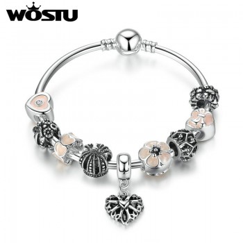 WOSTU Hot Sale Heart Pendant Bracelets with Pink Flower Beads Silver Charm Bracelets amp; Bangles for Women Fashion Jewelry XCH3816