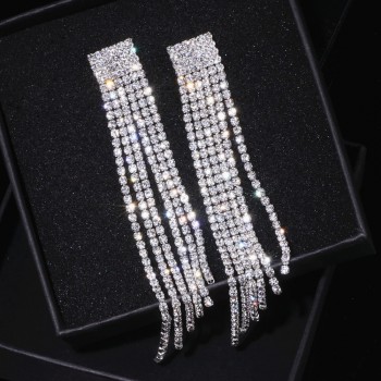 New Silver Color Rhinestone Crystal Long Tassel Earrings for Women Bridal Drop Dangling Earrings Brincos Wedding Jewelry WX006