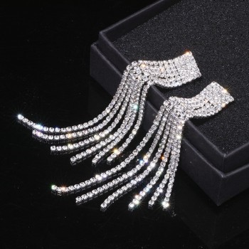 New Silver Color Rhinestone Crystal Long Tassel Earrings for Women Bridal Drop Dangling Earrings Brincos Wedding Jewelry WX006