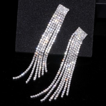 New Silver Color Rhinestone Crystal Long Tassel Earrings for Women Bridal Drop Dangling Earrings Brincos Wedding Jewelry WX006