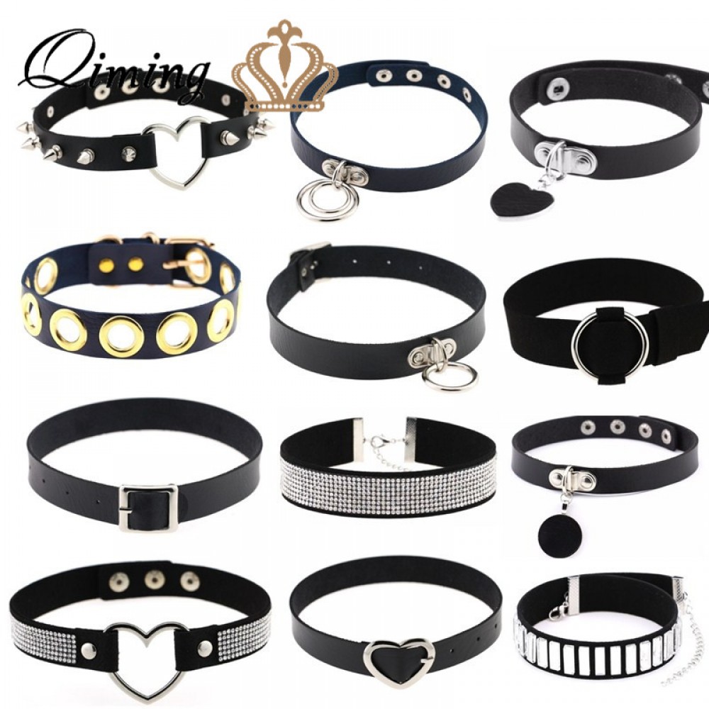 QIMING Sexy Leather Choker Necklace Women Harajuku Kawaii Silver Metal Fashion Turkish Jewelry Punk Gothic Necklace For Girls