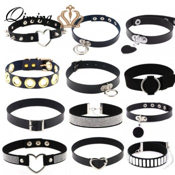 QIMING Sexy Leather Choker Necklace Women Harajuku Kawaii Silver Metal Fashion Turkish Jewelry Punk Gothic Necklace For Girls