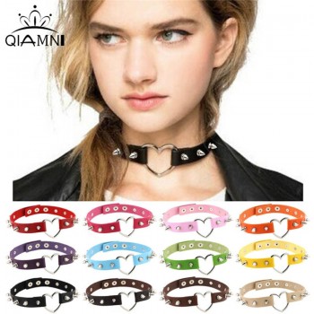 QIMING Sexy Leather Choker Necklace Women Harajuku Kawaii Silver Metal Fashion Turkish Jewelry Punk Gothic Necklace For Girls
