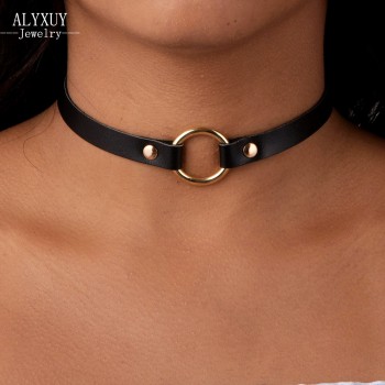 Fashion jewelry black leather round choker necklace N1926