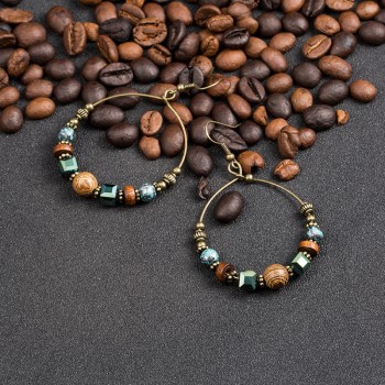 Bohemia crystal earrings for women Ethnic big circle round rings hollow tassel earring Vintage metal wooden beads earing jewlery