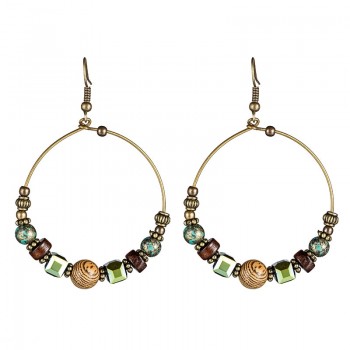 Bohemia crystal earrings for women Ethnic big circle round rings hollow tassel earring Vintage metal wooden beads earing jewlery