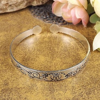 New  Gypsy Bohemian Vintage Retro Silver Bangles Women Classic Handmade Tibetan Silver Carved Lotus Cuff Bracelets 6cm Diameter