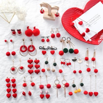 Korean Red Pom Pom Fur Ball Drop Earrings Fashion Velvet Bow Love Heart Flower Circle Geometry Earring for Women Wedding Jewelry