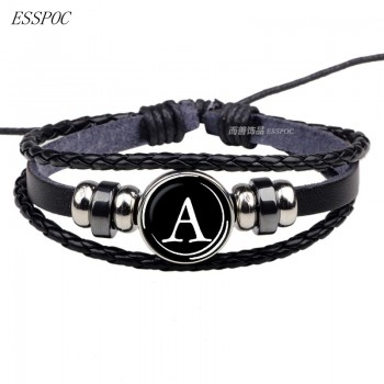 26 Letter Bracelet Personality Team Name Rope Bracelet Black Leather Bracelet Male Female Fashion Accessories Gift Glass Dome