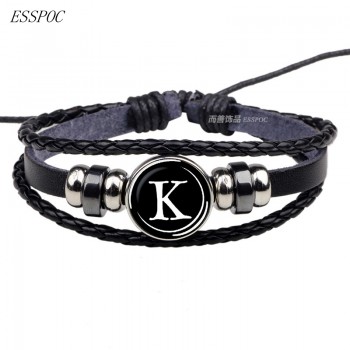 26 Letter Bracelet Personality Team Name Rope Bracelet Black Leather Bracelet Male Female Fashion Accessories Gift Glass Dome
