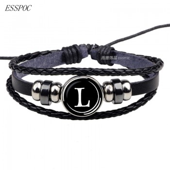 26 Letter Bracelet Personality Team Name Rope Bracelet Black Leather Bracelet Male Female Fashion Accessories Gift Glass Dome