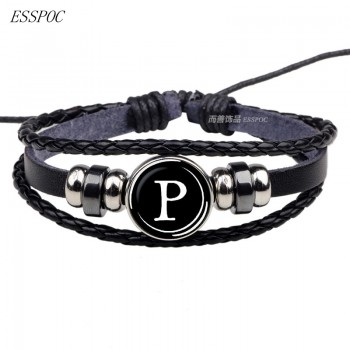 26 Letter Bracelet Personality Team Name Rope Bracelet Black Leather Bracelet Male Female Fashion Accessories Gift Glass Dome