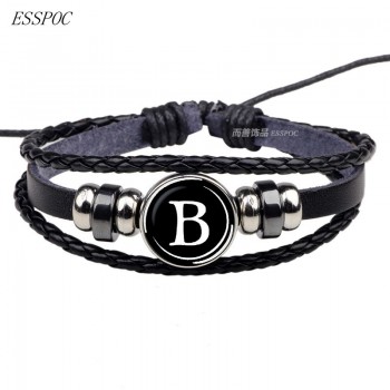 26 Letter Bracelet Personality Team Name Rope Bracelet Black Leather Bracelet Male Female Fashion Accessories Gift Glass Dome