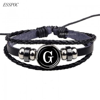 26 Letter Bracelet Personality Team Name Rope Bracelet Black Leather Bracelet Male Female Fashion Accessories Gift Glass Dome