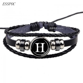 26 Letter Bracelet Personality Team Name Rope Bracelet Black Leather Bracelet Male Female Fashion Accessories Gift Glass Dome
