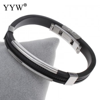 YYW Punk Rock Simple Circle Silicone Rubber Cord Unisex Bracelet Stainless Steel Colorful Silicone Wristband Bracelets Bangles