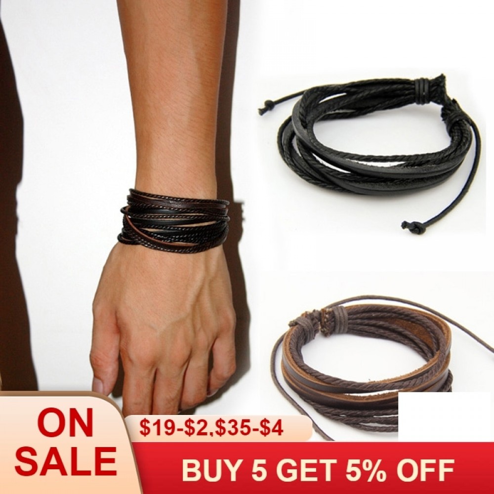 HOT Leather Bracelets amp; Bangles for Men and Women Black and Brown Braided Rope Fashion Man Jewelry 2pcs PI0246