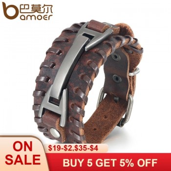 BAMOER Vintage Punk Leather Bracelet 2 Color Black amp; Brown Fashion Clasp Multilayer Braid Rope Bracelet for Men Jewelry PI0339-1