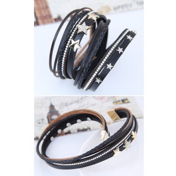 LEMOER Punk Long Multilayer Leather Bracelet for Women Men Fashion Crystal Rhinestone Stars Magnetic Wrap Bracelets Charm Bijoux