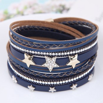 LEMOER Punk Long Multilayer Leather Bracelet for Women Men Fashion Crystal Rhinestone Stars Magnetic Wrap Bracelets Charm Bijoux