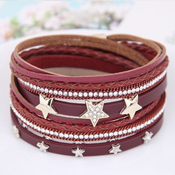 LEMOER Punk Long Multilayer Leather Bracelet for Women Men Fashion Crystal Rhinestone Stars Magnetic Wrap Bracelets Charm Bijoux