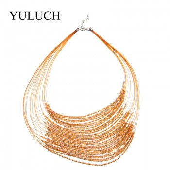 Fashion Trendy Multilayer Glasses Beaded Necklace Torques For Women Gold/Black Big Handmade Jewelry Stone Shaining Necklace Sale