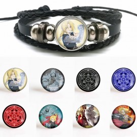 Fashion Fullmetal Alchemist Edward Elric Alphonse Elric Cosplay Anime Black Leather Button Woven Bracelet for Men Women Gift