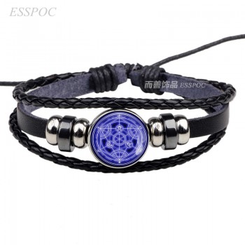 Fashion Fullmetal Alchemist Edward Elric Alphonse Elric Cosplay Anime Black Leather Button Woven Bracelet for Men Women Gift