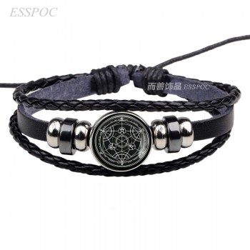 Fashion Fullmetal Alchemist Edward Elric Alphonse Elric Cosplay Anime Black Leather Button Woven Bracelet for Men Women Gift