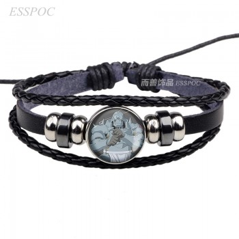 Fashion Fullmetal Alchemist Edward Elric Alphonse Elric Cosplay Anime Black Leather Button Woven Bracelet for Men Women Gift