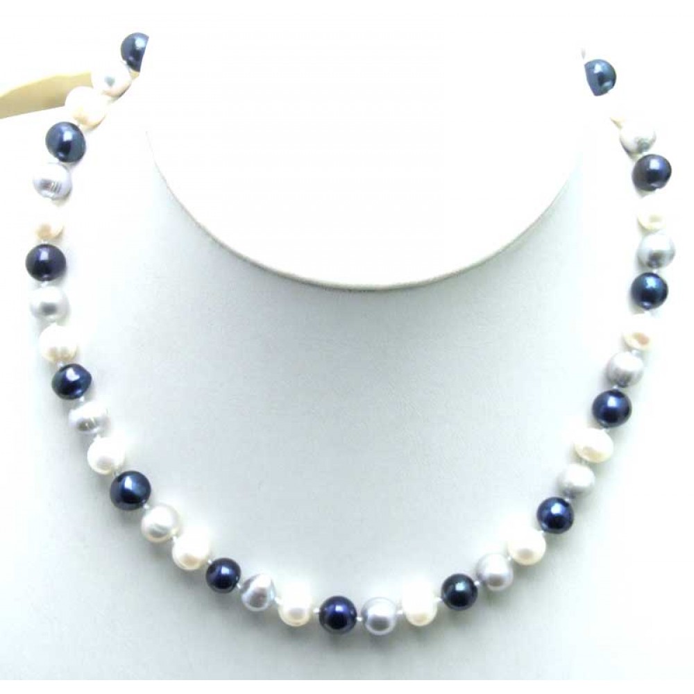 SALE 6-7mm White and black and gray round Natural Freshwater PEARL 17 Necklace -5900 Wholesale/retail Free shipping