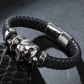 TrustyLan Punk Skull Bracelets amp; Bangles Men Stainless Steel Leather Bracelets Braided Rope Magnetic Clasp Male Armband Jewelry