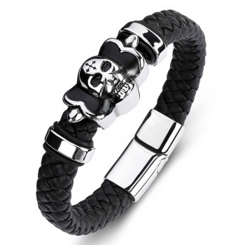 TrustyLan Punk Skull Bracelets amp; Bangles Men Stainless Steel Leather Bracelets Braided Rope Magnetic Clasp Male Armband Jewelry
