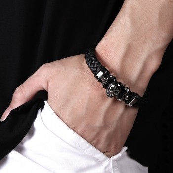 TrustyLan Punk Skull Bracelets amp; Bangles Men Stainless Steel Leather Bracelets Braided Rope Magnetic Clasp Male Armband Jewelry
