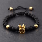 Amader Charm Men 6mm Natural Stone Bead Bracelets Crown Black Zircon Rope Braided Luxurious Bracelet Adjustable Pulseras ABL007