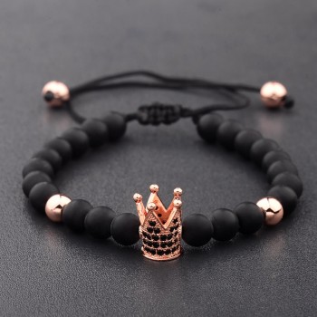 Amader Charm Men 6mm Natural Stone Bead Bracelets Crown Black Zircon Rope Braided Luxurious Bracelet Adjustable Pulseras ABL007