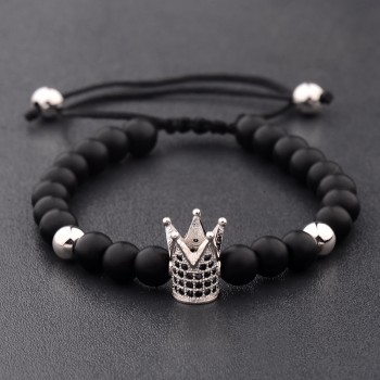Amader Charm Men 6mm Natural Stone Bead Bracelets Crown Black Zircon Rope Braided Luxurious Bracelet Adjustable Pulseras ABL007