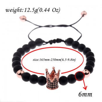 Amader Charm Men 6mm Natural Stone Bead Bracelets Crown Black Zircon Rope Braided Luxurious Bracelet Adjustable Pulseras ABL007