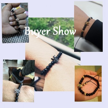 Amader Charm Men 6mm Natural Stone Bead Bracelets Crown Black Zircon Rope Braided Luxurious Bracelet Adjustable Pulseras ABL007