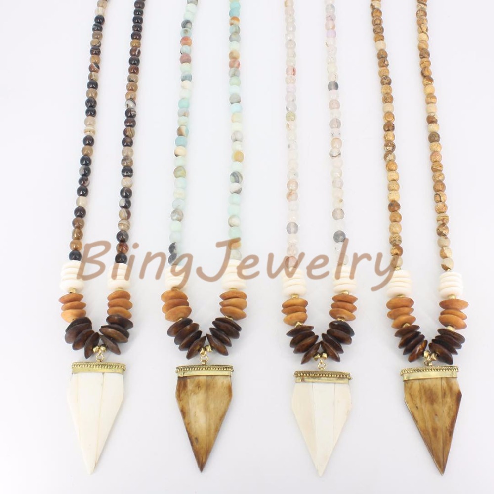 Ombre Brown Tan African Bone Beads Necklace With Brass Arrowhead Pendant Mix Random Colors N17061505