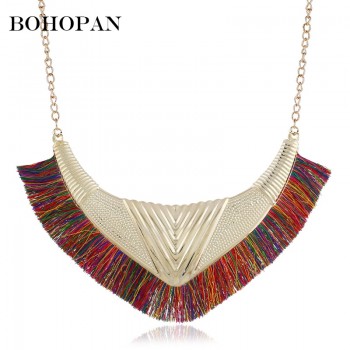 Bohemia Retro Pendant Necklace Women Fan-shaped Metal Design Cotton Tassel Necklace Jewelry Statement Bijoux collares 2018